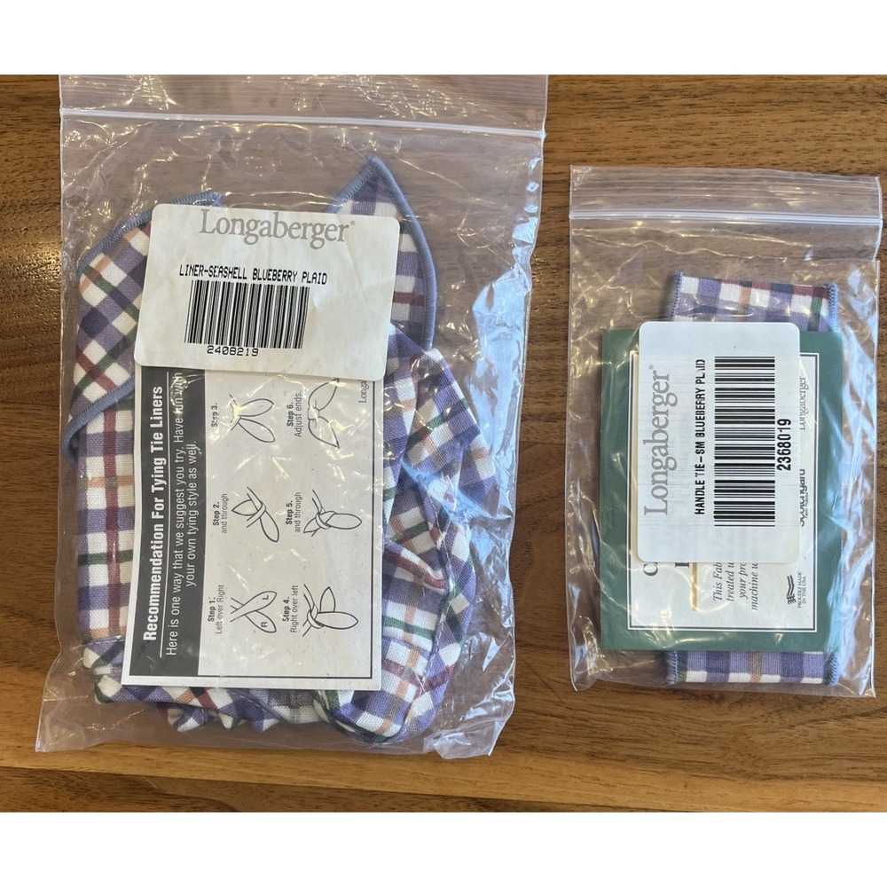 Longaberger Fabric Liner & Handle Tie For Seashell Basket in Blueberry Plaid NEW